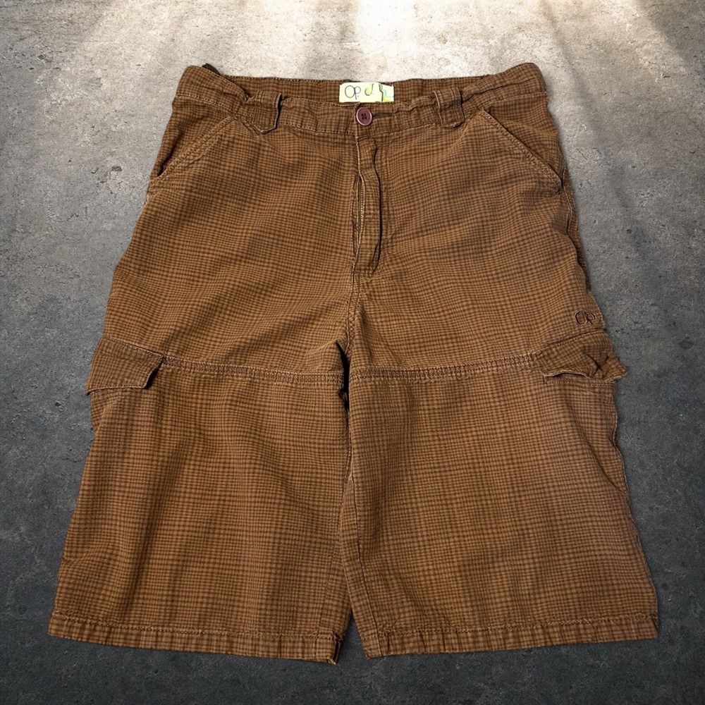 OP Ocean Pacific Brown Micro Check Cargo Shorts Skater Baggy Y2K Size 18